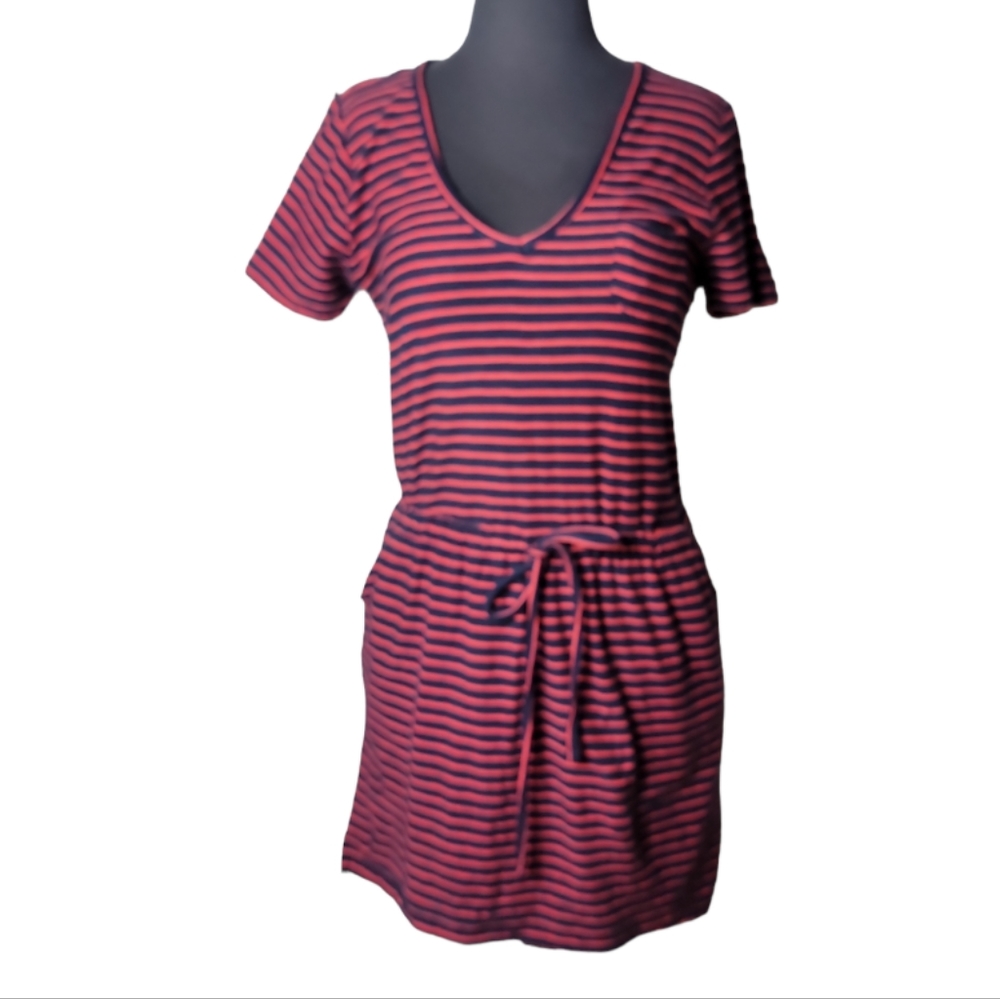 Workshop Republic striped v neck tie waist mini dress red black women's medium